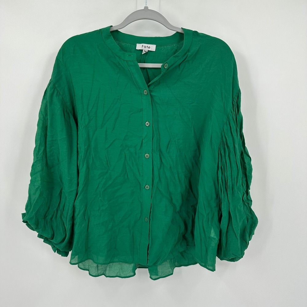 Fate Womens Peasant Cottagecore Top Size M Emerald Green Balloon Sleeve Ethereal